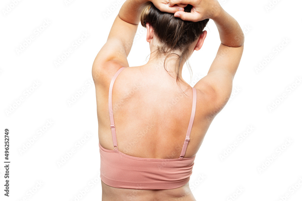 Back view of the woman shoulders holding hair, over white Back view of the woman shoulders holding hair, over white