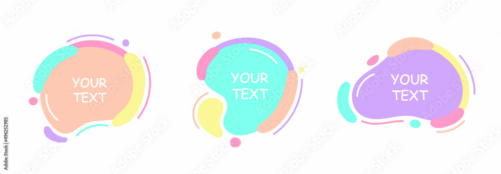 Colored round shape banners and abstract colorful holographic graphic design elements. Organic shapes vector banner set. Applicable for advertising, ads, price tags. Pastel color fluid forms with line