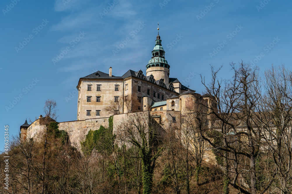 Original medieval gothic castle of Frydlant,extended to Renaissance chateau with irregularly shaped courtyard,Chapel of St. Anne and drawbridge.Standing on steep rock in North Bohemia,Czech Republic