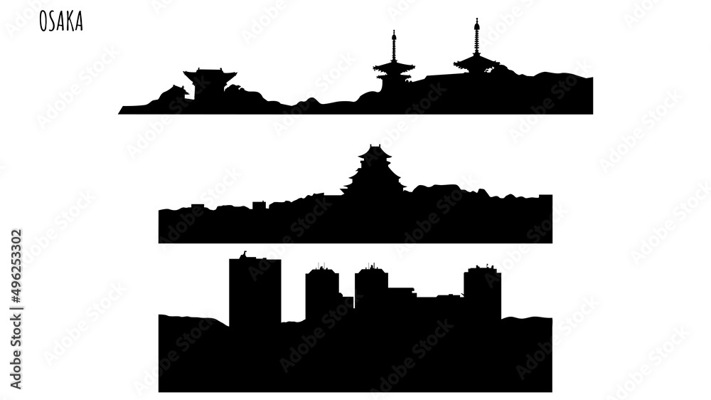 The black silhouettes of sights in Osaka
