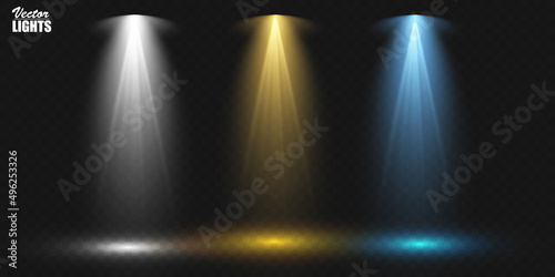 Set of colored spotlights on a transparent background. Bright lighting with spotlights. Spotlight white, blue, yellow.
