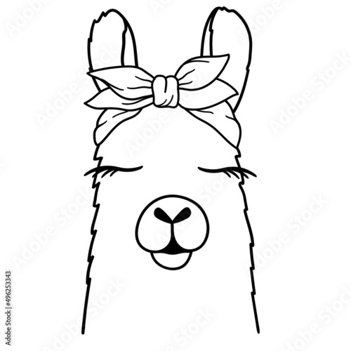 Cute Llama Line Art. Llama with bandana. Llama sketch vector illustration. Good for posters, t shirts, postcards.