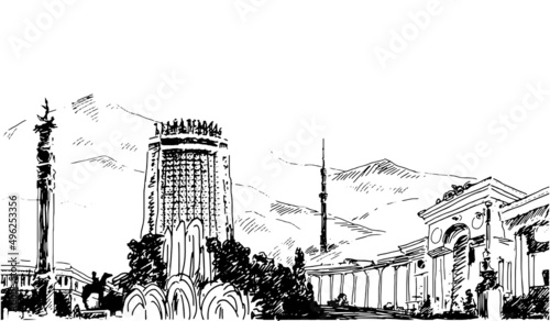 Panorama hand drawn illustration graphics of Almaty city Kazakhstan historical buildings. Vector
