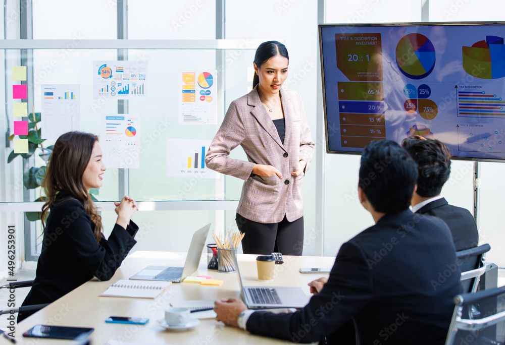 Asian professional successful businesswoman in formal suit standing showing presenting explaining report investment graph chart data from computer monitor in meeting room to business team colleagues Asian professional successful businesswoman in formal suit standing showing presenting explaining report investment graph chart data from computer monitor in meeting room to business team colleagues