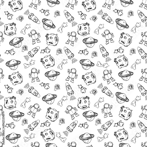Space seamless pattern print design for kids with ccosmic galaxy texture and doodl rockets, tars, planets, spaceships.