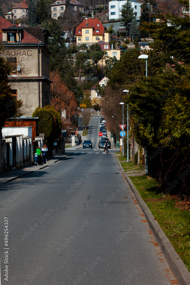 Urban perspective, a street that goes down and up. View of a street in a residential area, with many houses  gardens and trees. The road is straight and goes down and then up towards a house red roof