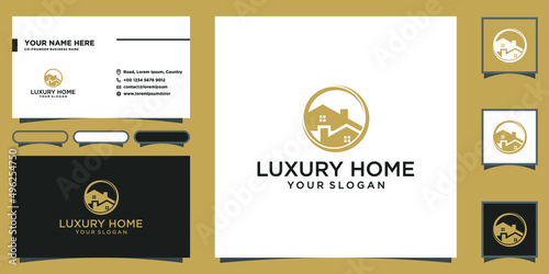 Luxury home logo with circle gold color and business card template Premium Vector