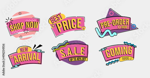 collection of promotional badge stickers with retro 80s theme. used for clothing, food and retail advertising banners