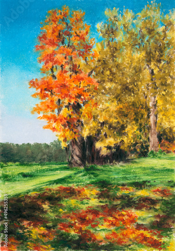 Autumn landscape. Soft pastel on paper.