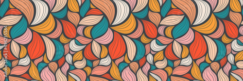 Abstract seamless pattern with hand drawn graphic leaves. Colorful floral summer background  for wallpaper design. Tropical vector illustration design. Banner with decorative geometric waves