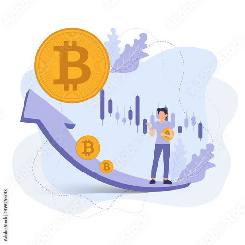 smart man holding bitcoins currency on up trend arrow, purple color of illustration abstract on white background, crypto concept, payments Vector, illustration design