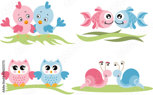 Set of couples pink and blue animals