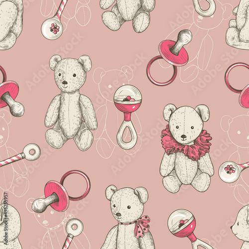 .Teddy bears and vintage baby nipples and rattles. Engraved vector seamless pattern. Pastel colors. Retro background..