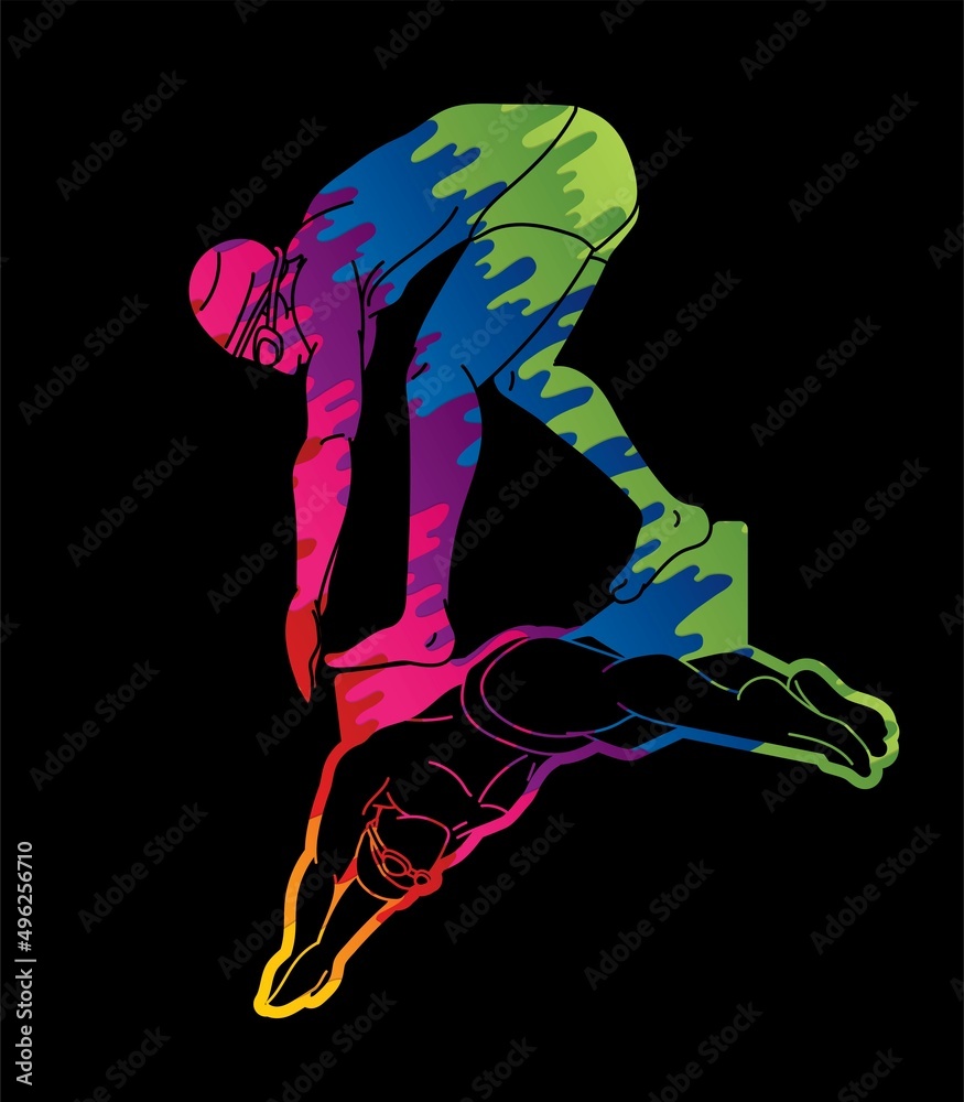 Group of People Swimming Action Swimmer Cartoon Sport Graphic Vector