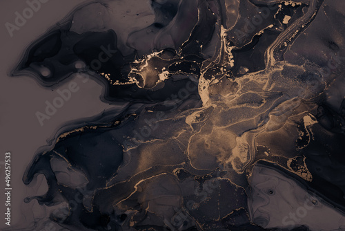 Abstarct fluid ink background with black and golden splashes
