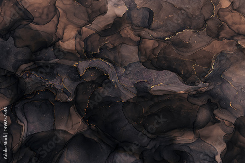 Abstarct fluid ink background with black and golden splashes