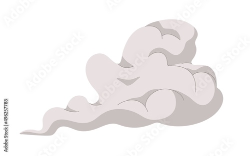 Smoke cloud, exhausts trail from gas, fume, steam and dust. Abstract vapor silhouette flow, moving aside. Smoky effect after explosion, puff. Flat vector illustration isolated on white background