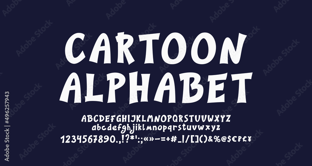 White cartoon font set with alphabet letters, numbers, punctuation marks and currency symbols
