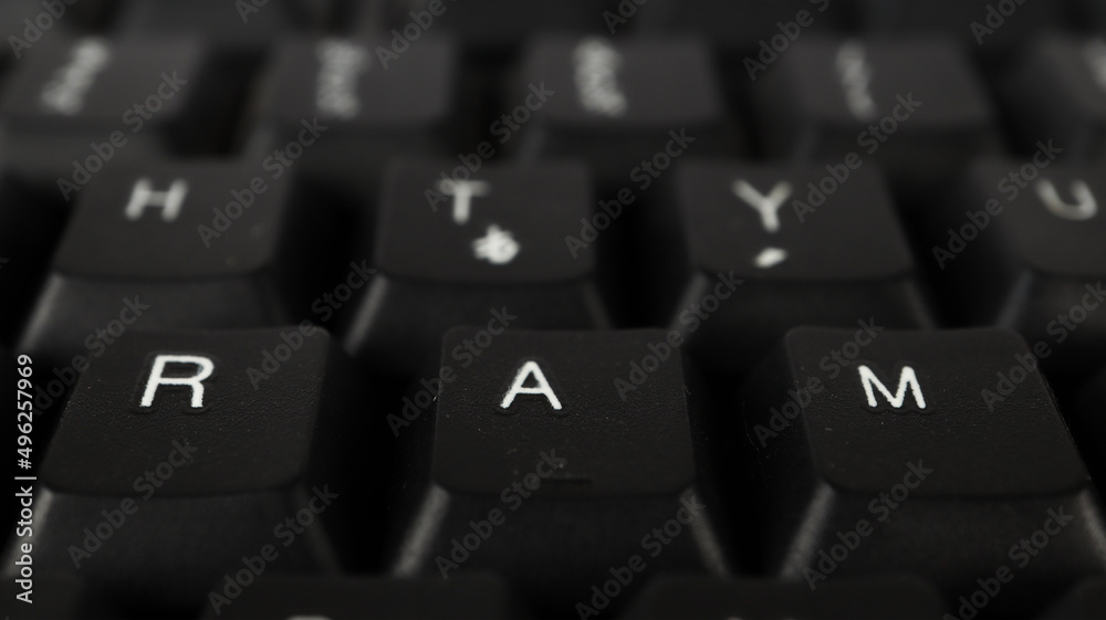 Ram text created with keyboard keys, computer terminology, white ram letters on black keyboard Ram text created with keyboard keys, computer terminology, white ram letters on black keyboard