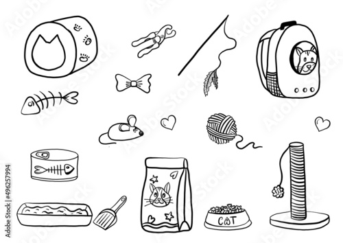 Hand drawn cat set, care, supplies and equipment. Food, toys, home