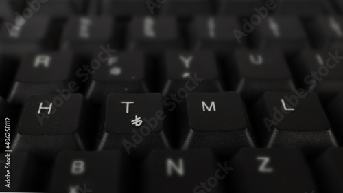HTML text created with keyboard keys, computer terminology, white html letters on black keyboard