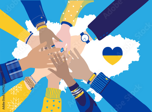 Vector illustration with diverse people holding hands together over the ukrainian map. Heart in blue and yellow national flag colors. Supporting ukrainian people concept, independebce celebration sign