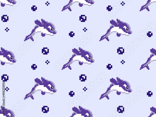 dolphin cartoon character seamless pattern on purple background.Pixel style