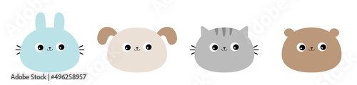 Rabbit bunny hare  cat kitten kitty  bear  dog puppy  face icon set. Kawaii animal. Cute cartoon character. Funny baby. Love card. Flat design. White background. Isolated.