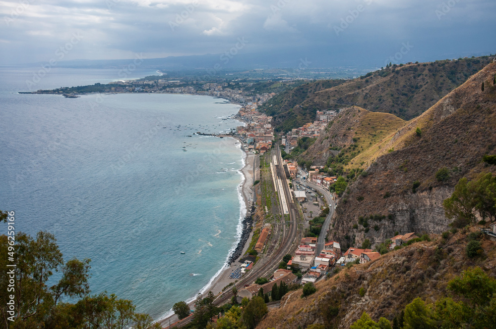 View to the Giardini Naxos and sea, Sicily, Italy