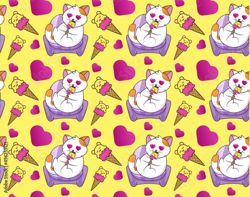seamless pattern with cats and hearts, vector illustration