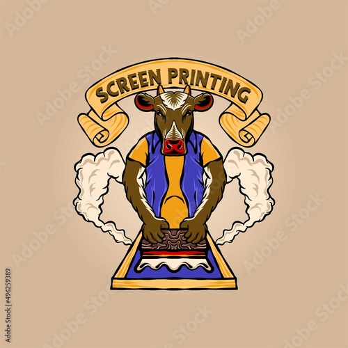 Canvas Print Vintage illustration of vector cow screen printing