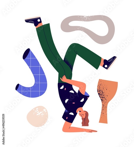 Young person in chaos of abstract geometric shapes. Concept of creative process. Happy modern energetic woman dancing upside down. Colored flat vector illustration isolated on white background
