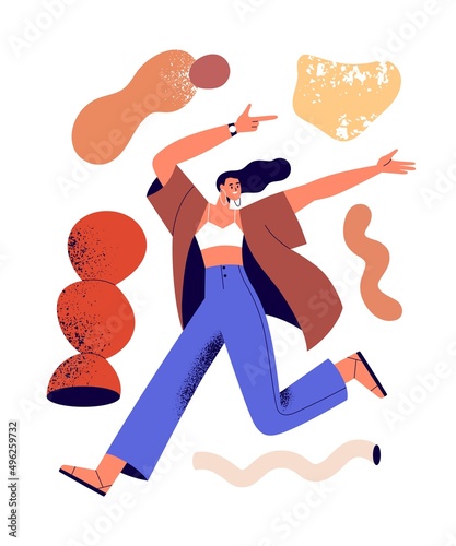Modern creative person and abstract geometric shapes. Happy active energetic woman. Young carefree female dancing, enjoying. Enthusiasm concept. Flat vector illustration isolated on white background