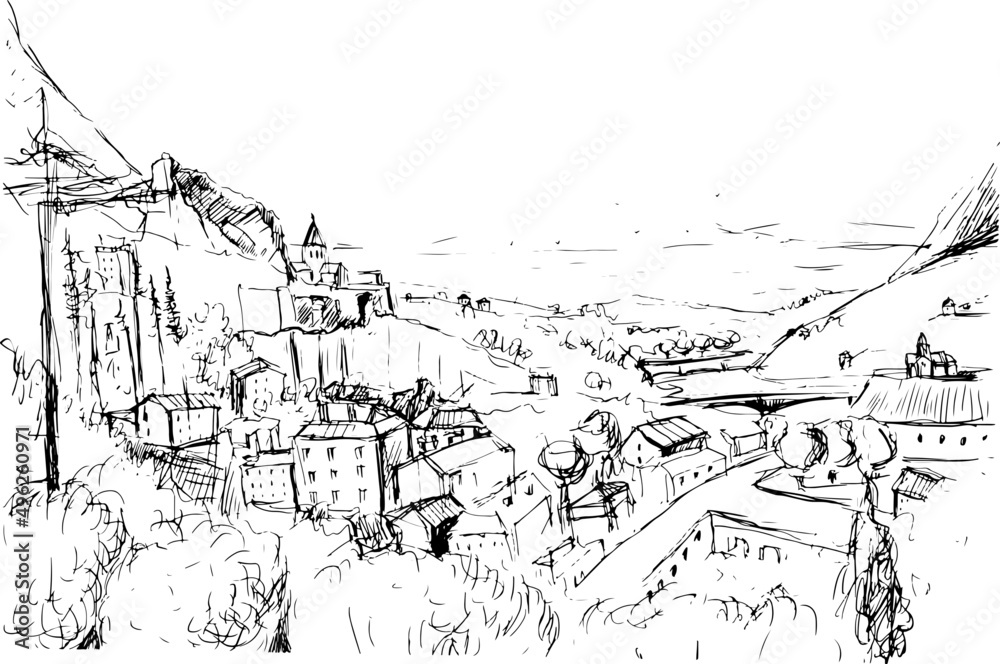 Fototapeta premium Georgian Landscape Sketch Hand Drawn Illustration
