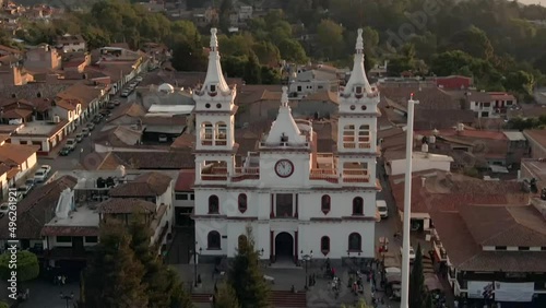 Pristine White Facade Of The San Cristobal Church In Mazamitla, Jalisco, Mexico - aerial shot photo