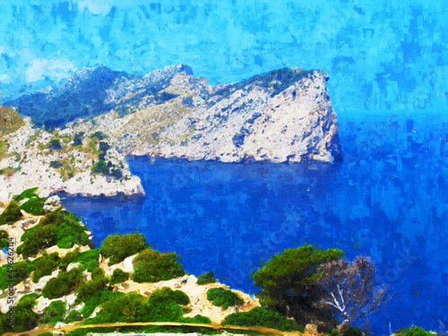 View of the cliffs of the Formentor peninsula in Mallorca. Azure sea.