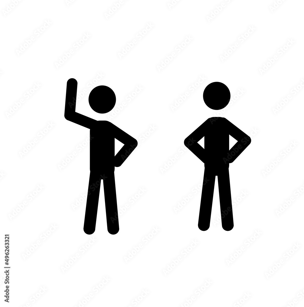 Two people, pictograph isolated on a white background, stand in different poses, stick man figures