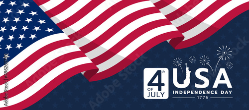 Celebrating 4 th of july USA independence day - waving american national flag on dark blue start texture background vector design