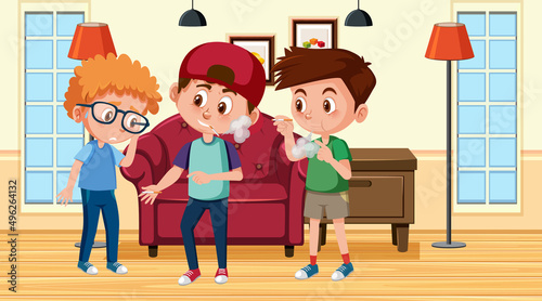 Cartoon children smoking in the room scene