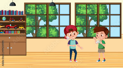 Cartoon children smoking in the room scene