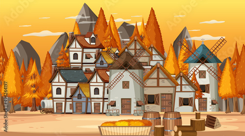 Medieval town scene with sunset