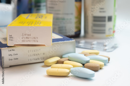 Drug expiration dates . Expiry date on old packet of medication..medicine and health care concept ,selective focus