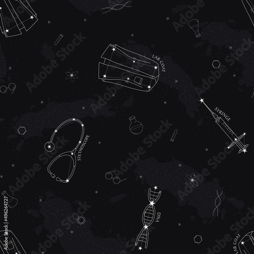 Vector Medicine and Science Constellation seamless pattern background. Perfect for fabric, scrapbooking and wallpaper projects.