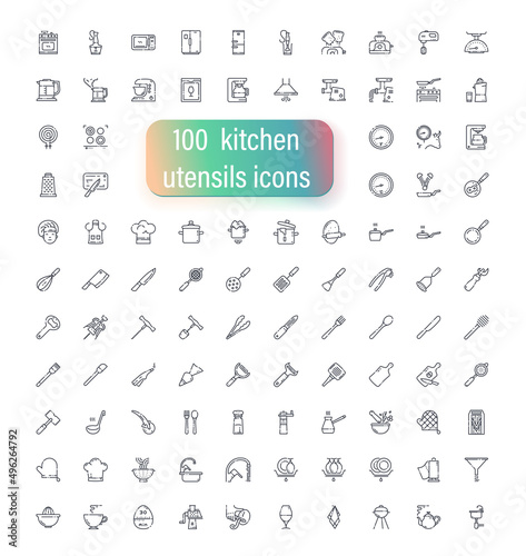 Set of vector line icons of kitchen utensils, cooking tools and equipment isolated