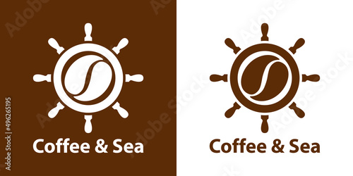 Coffee Shop. Logotipo con texto Coffee & Sea con silueta de frijol de café en timón de barco en fondo marrón y fondo blanco