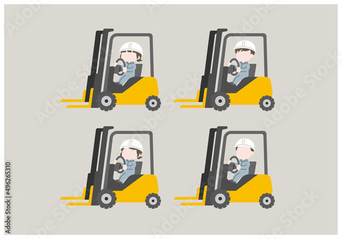 フォークリフトを運転する作業員のイラストセット