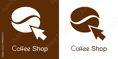 Comercio electrónico. Logotipo con texto Coffee Shop con frijol de café y flecha de puntero con líneas en fondo marrón y fondo blanco