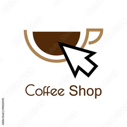 Comercio electrónico. Logotipo con texto Coffee Shop con taza de café y flecha de puntero con líneas en color marrón