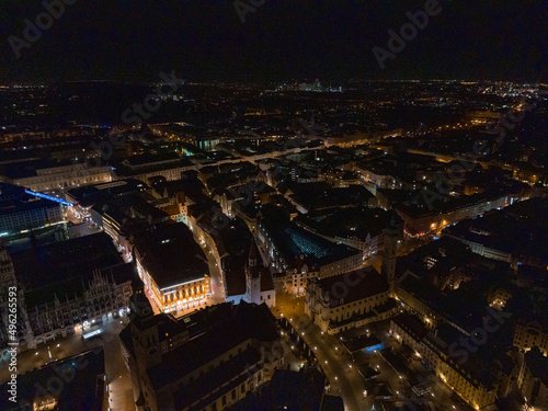 Aerial wide panorama of New Town Hall and Marienplatz at night Munich city, Bavaria, Germany