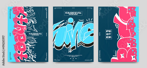 Collection of abstract posters with elements of street graffiti. Vibrant vandalism on the walls of spray paint, street art with splashes and drips. Isolated on black background